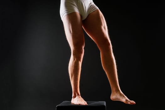 Panties on sexual body. Guy or sexy macho with strong muscles, Athlete wearing white underwear.