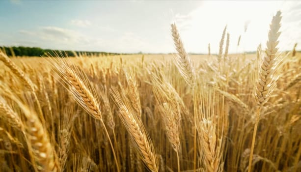 Close-up of a golden wheat field at sunset, with sunlight illuminating the wheat stalks.
