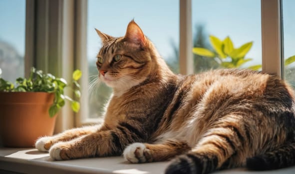 A tabby cat lounging on a sunny windowsill next to a potted plant, enjoying the warmth.
