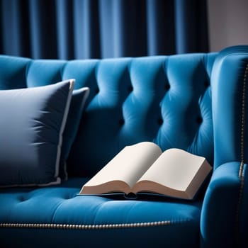 Books with blank pages on blue velvet sofa, editable PSD mock-up series with smart object layers ready for your design