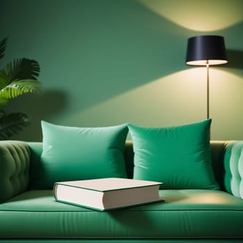 Book with blank cover on green sofa, editable PSD mock-up series with smart object layers ready for your design