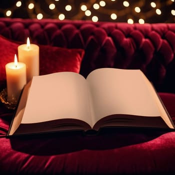 Opened book on a sofa under candle light, editable PSD mock-up series with smart object layers ready for your design