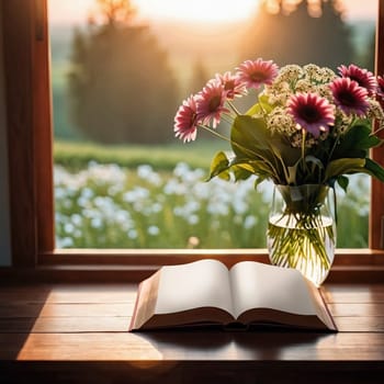 Opened book on a wooden table beside flower vase , editable PSD mock-up series with smart object layers template ready for your design