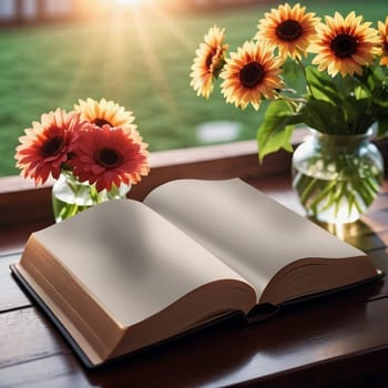 Opened book on a wooden table beside flower vase , editable PSD mock-up series with smart object layers template ready for your design