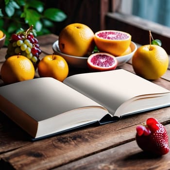 Opened book on a wooden table beside fruits, editable PSD mock-up series with smart object layers template ready for your design