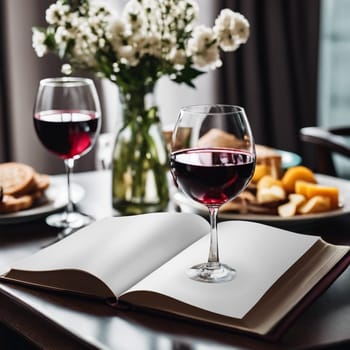 Opened book with wine glasses , editable PSD mock-up series with smart object layers template ready for your design