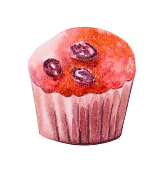 Muffin cherry. Watercolor hand drawn illustration isolated on white background