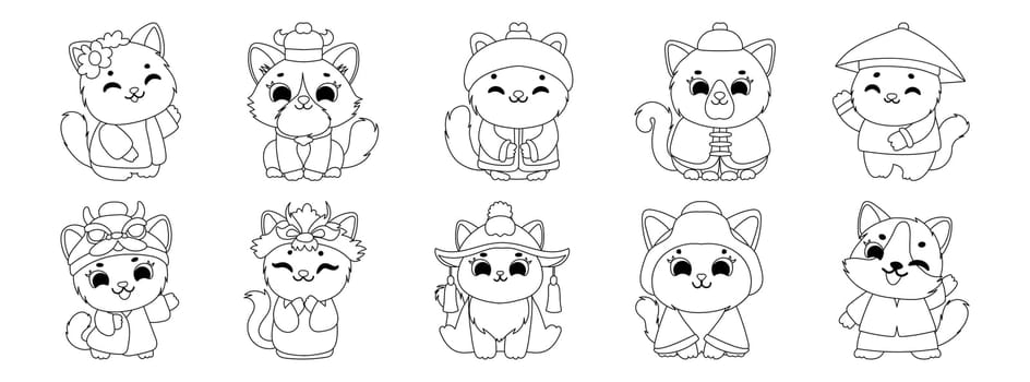 Cute Cartoon Cats in Traditional Outfits Coloring Page
