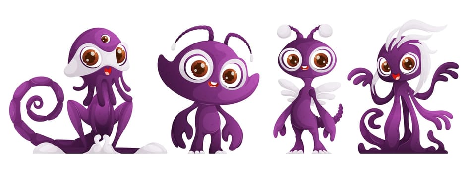 Colorful cartoon illustration of four cute purple alien creatures with big eyes and unique features, standing in a row.