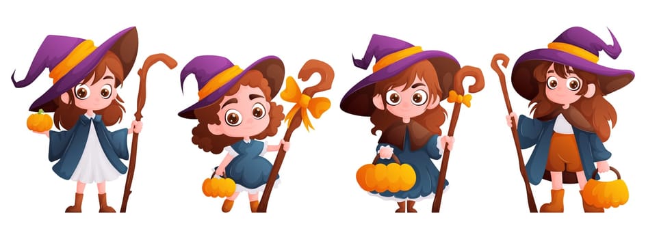 Charming young girls dressed as witches holding pumpkins, celebrating Halloween with bright, playful costumes and joyful expressions.