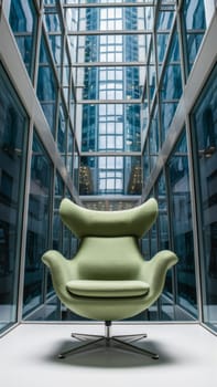 A stylish green armchair positioned in a sleek glass corridor with reflections of urban architecture, creating a modern and sophisticated atmosphere.Suitable for inspiration for modern office decor