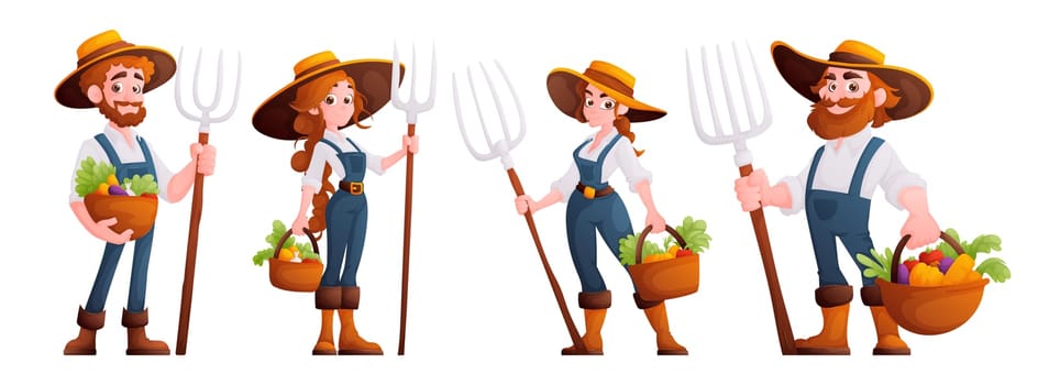 Illustration of farmers in overalls and hats, holding pitchforks and baskets of fresh vegetables, depicting farming and agriculture.