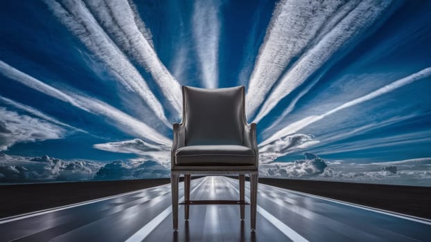 A modern chair positioned against a dramatic sky with multiple contrails, creating a striking and surreal composition.Suitable for conceptual artworks and creative advertising campaigns.