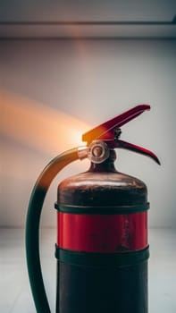 Vintage fire extinguisher illuminated by a soft beam of sunlight. safety promotions and vintage collections.
