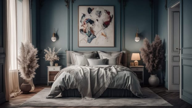 A stylish bedroom features a plush bed, abstract wall art, and soft ambient lighting, creating a serene and luxurious atmosphere.