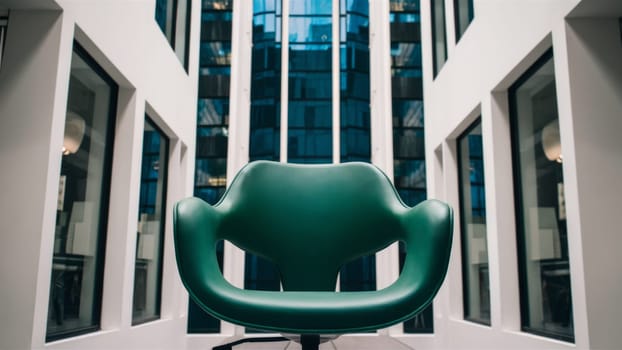 The modern green chair placed in a glass atrium overlooking the modern cityscape combines comfort with architectural elegance.