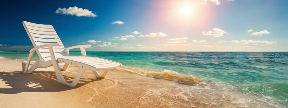 White chair on sandy beach with turquoise ocean and clear blue sky in the background. Suitable for travel brochures, vacation promotions and summer promotions.