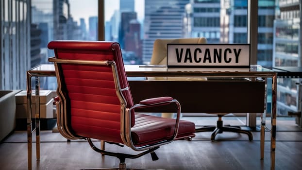 Red office chair in front of a table with a VACANCY sign, set in a modern office with a cityscape view in the background.Suitable for recruitment ads and corporate promotions.