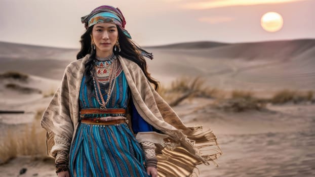 Woman in traditional ethnic outfit with layered necklaces and headscarf standing in front of desert landscape at sunset.