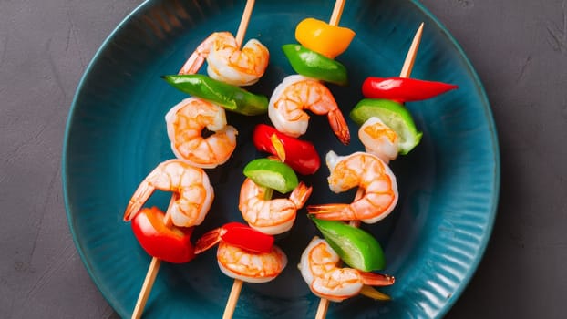 Fresh shrimp skewers with colorful bell peppers on a blue plate, showcasing a vibrant and healthy dish. Perfect for seafood lovers and summer grilling.