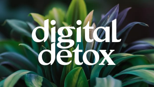 The phrase ,Digital Detox, against a backdrop of vibrant green leaves symbolizes a break from technology to reconnect with nature.