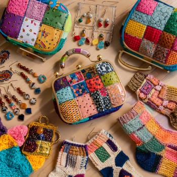 A collection of handmade bags, earrings, and knitted socks displayed on a wooden surface. Colorful and varied designs. Perfect for craft and fashion blogs