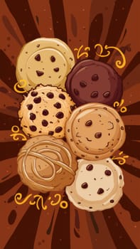 A fun and colourful illustration of various chocolate chip cookies against a swirling brown background, creating a playful and appetising scene.