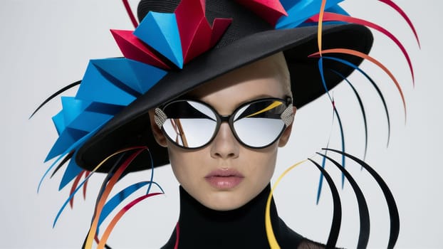 Fashion model wearing a striking avant-garde hat with vibrant colors and geometric designs, paired with reflective sunglasses.