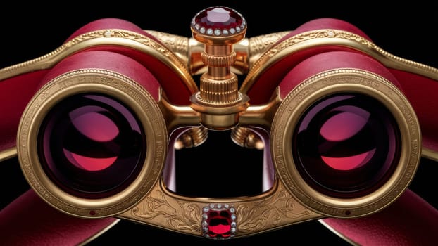 Close-up of elegant red and gold binoculars with intricate detailing and a ruby accent, exuding luxury and sophistication.Suitable for luxury goods advertising, accessory promotions and design