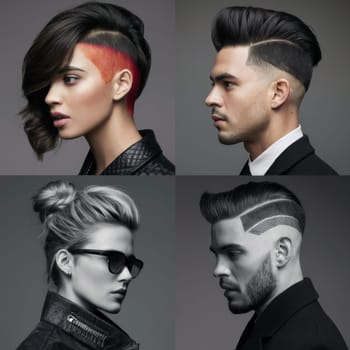 Four models showing off stylish modern haircuts, each with a unique and avant-garde design. Trendy and fashionable looks.