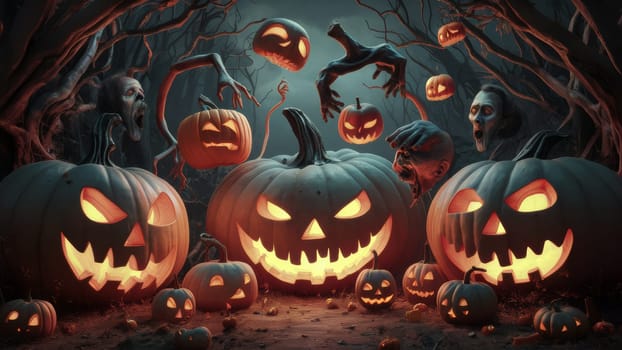 A spooky Halloween scene with glowing pumpkins and eerie figures in a haunted forest under a dark sky. AI-generated.