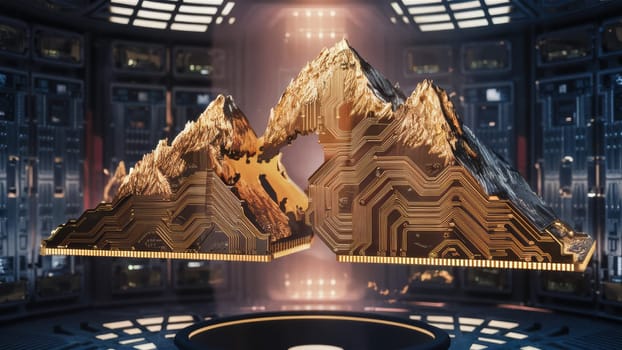 A golden mountain-like structure with schematic details floating in a futuristic lab setting with advanced equipment in the background. Generated by AI.