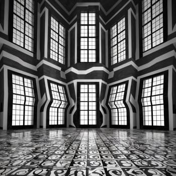 Black and white image of a geometric interior with large windows and patterned floor. The windows and walls create a distorted, surreal effect.optical illusions and distortions