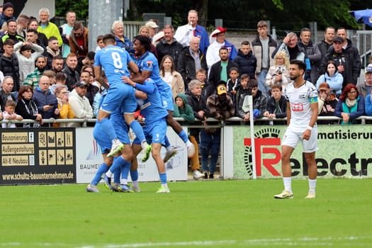 The Pforzheim players celebrate the 0:1 by Salvatore Catanzano,who was able to score another goal at the match of the OL BaWü: 23-24 - 34. Matchday - FC 08 Villingen - CFR Pforzheim