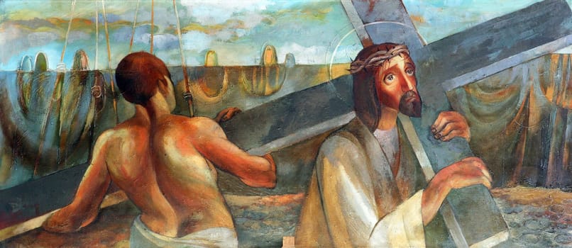5th Stations of the Cross, Simon of Cyrene carries the cross, National Shrine of Saint Joseph in Karlovac, Croatia