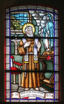 St. Leopold Mandic, stained glass in the parish church of St. Francis Xaver in Svarca, Karlovac, Croatia