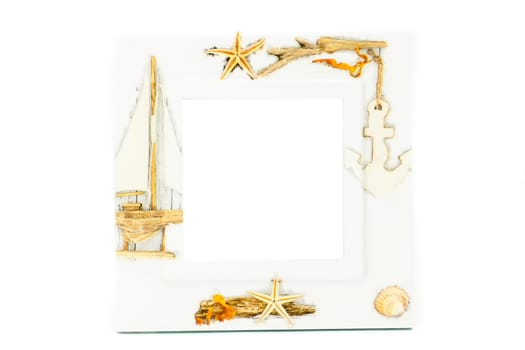 A wooden vintage photo frame has a white background