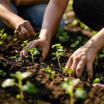 Close-up of hands planting seedlings in soil, community garden teamwork