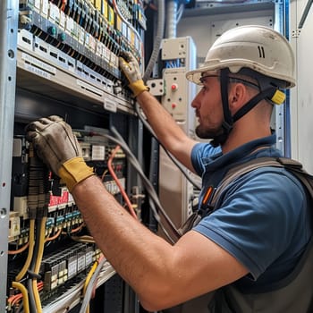 An electrician in a hard hat works on an industrial panel with wires