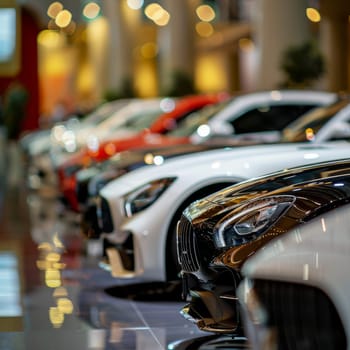 Luxury cars in a showroom with bright lighting, focus on the first car s grille