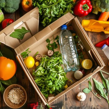 Fresh vegetables, fruits, a bottle of water and cereals are displayed in a cardboard box on a wooden table. Recycling