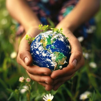 Hands cradling a globe among green grass and daisies, symbolizing care for the environment
