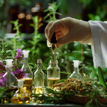 Laboratory for the production of essential oils. A hand in a white glove delicately holds a dropper and removes liquid from the bottle