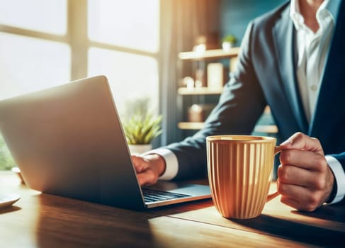 A businessman in a suit working on a laptop and holding a coffee cup in a modern office with morning sunlight streaming through the windows.