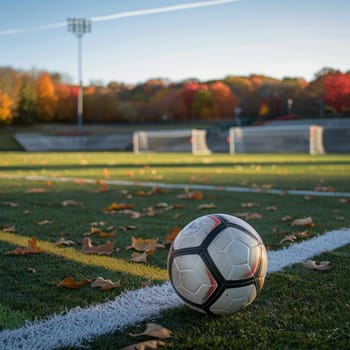 A soccer ball rests on a field, surrounded by autumn trees in the early morning light
