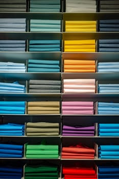 Clothing products on the shelf in a clothing store.