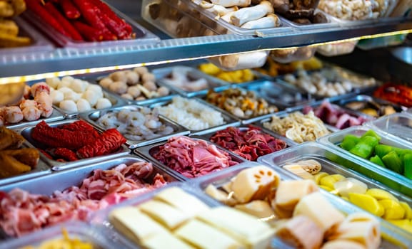 Traditional Asian food ingredients and dishes sold in a singapore restaurant