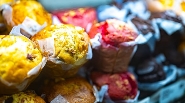 Different types of muffins for sale in a bakery.