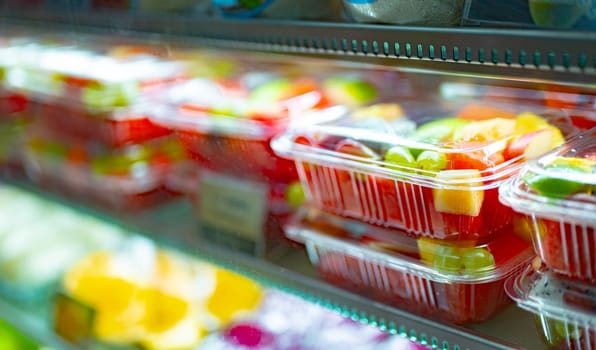 Plastic boxes with fresh fruits displayed in a commercial refrigerator. Fruit salad