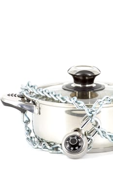 Chain with a padlock around a metal saucepan on a white background